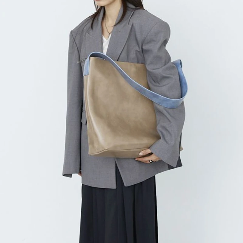 

Wide Shoulder Strap Contrast Color Tote Bag All-match High Quality Design Commuter Large Capacity Diagonal Shoulder Bags