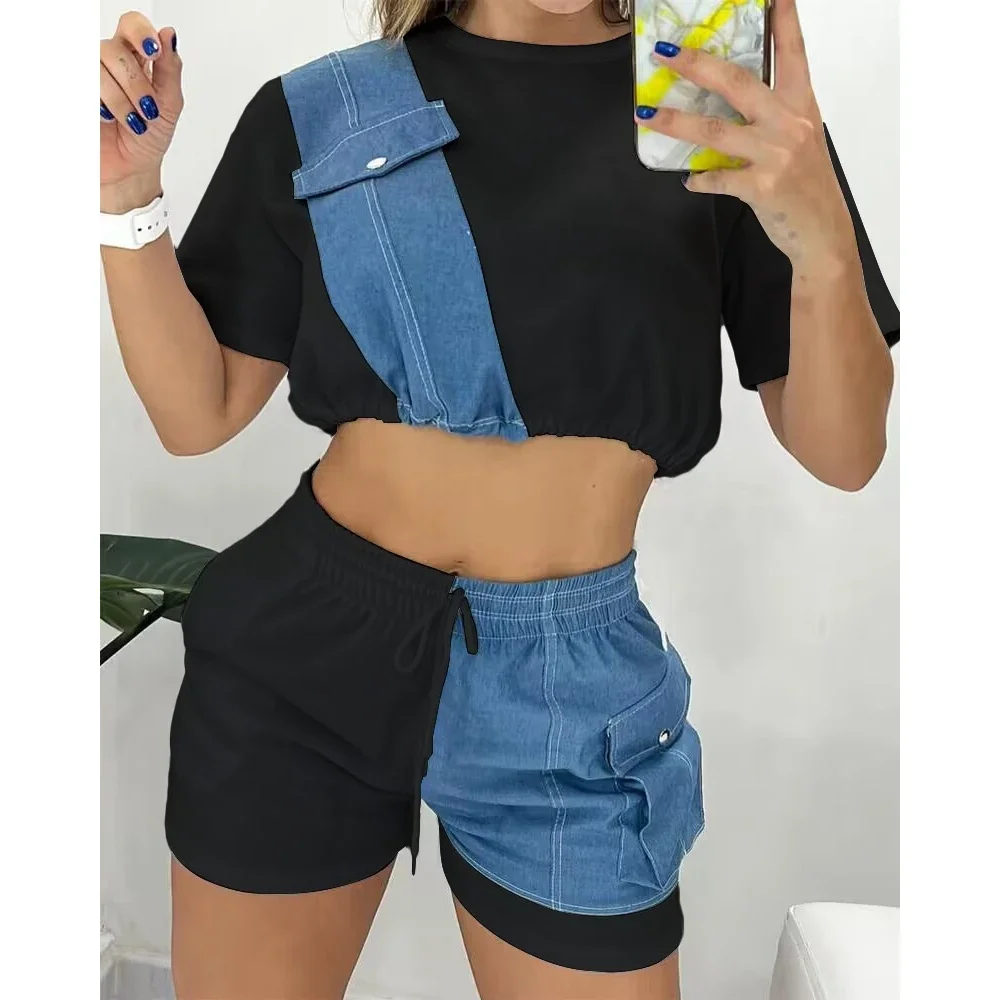 Summer Casual Women Colorblock Denim Patch O-Neck Short Sleeve Ctop Top & Drawstring Shorts Set  Two Pieces Suit Set Outfits