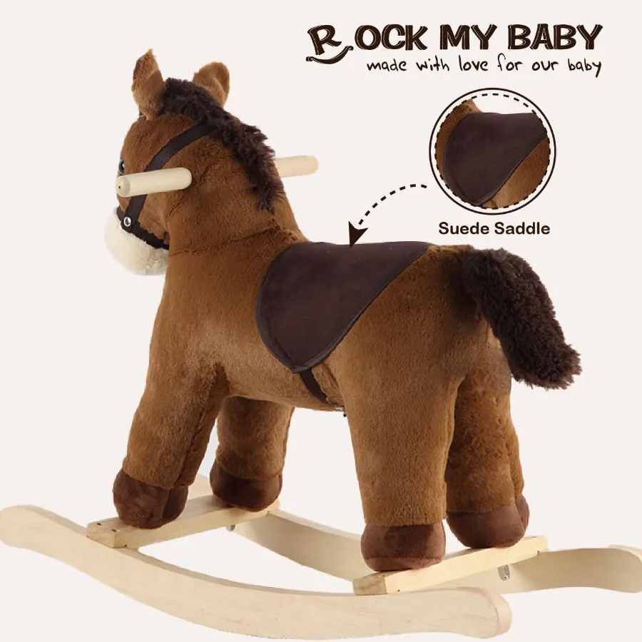 Rocking Horse Dark Brown Horse Rocker for Toddlers 18M+ Plush Ride on Horse Toy with Realistic Sound Soft Stuffed Filling CPC C