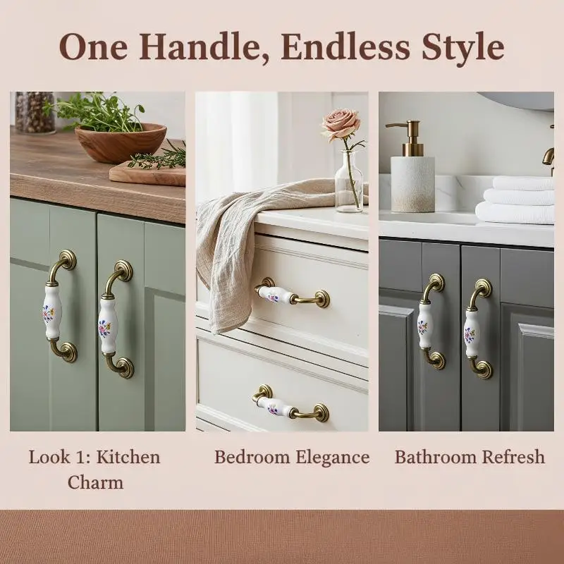 European Floral Ceramic Cabinet Pulls 1 Set Rustproof Drawer Handles for Dresser Closet Kitchen Door Home Furniture Decor