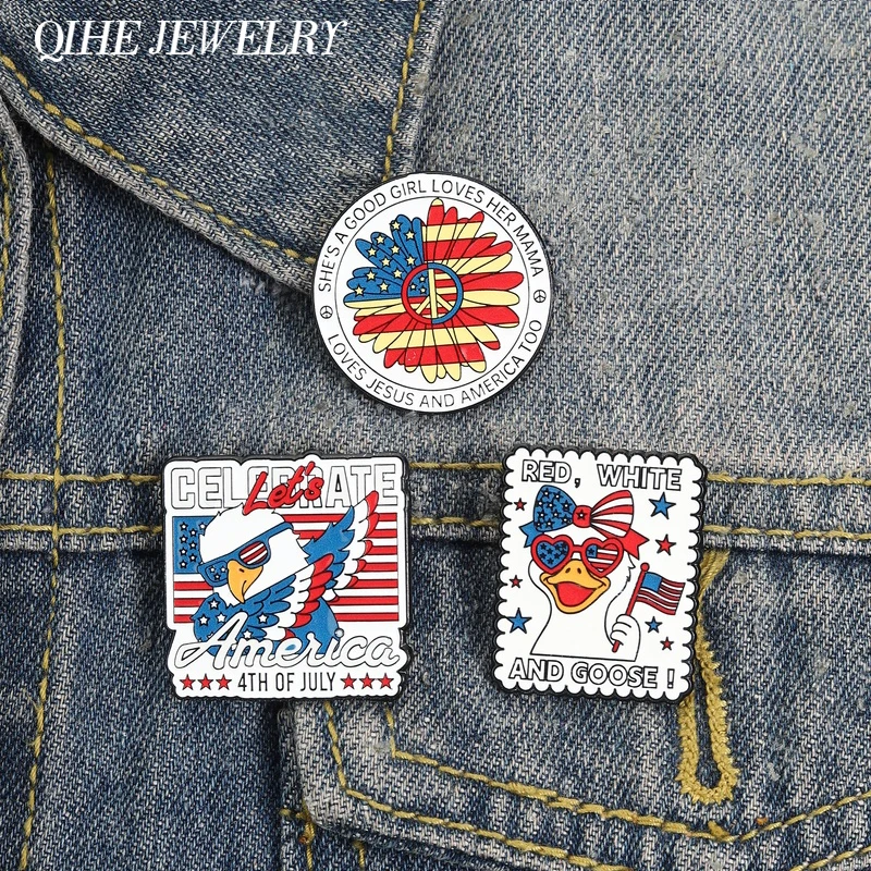 4th of July American Independence Day Enamel Pin Patriotic Emblem Bald Eagle Flag Sunflower Song Lyric Brooch Clothes Badge Pins