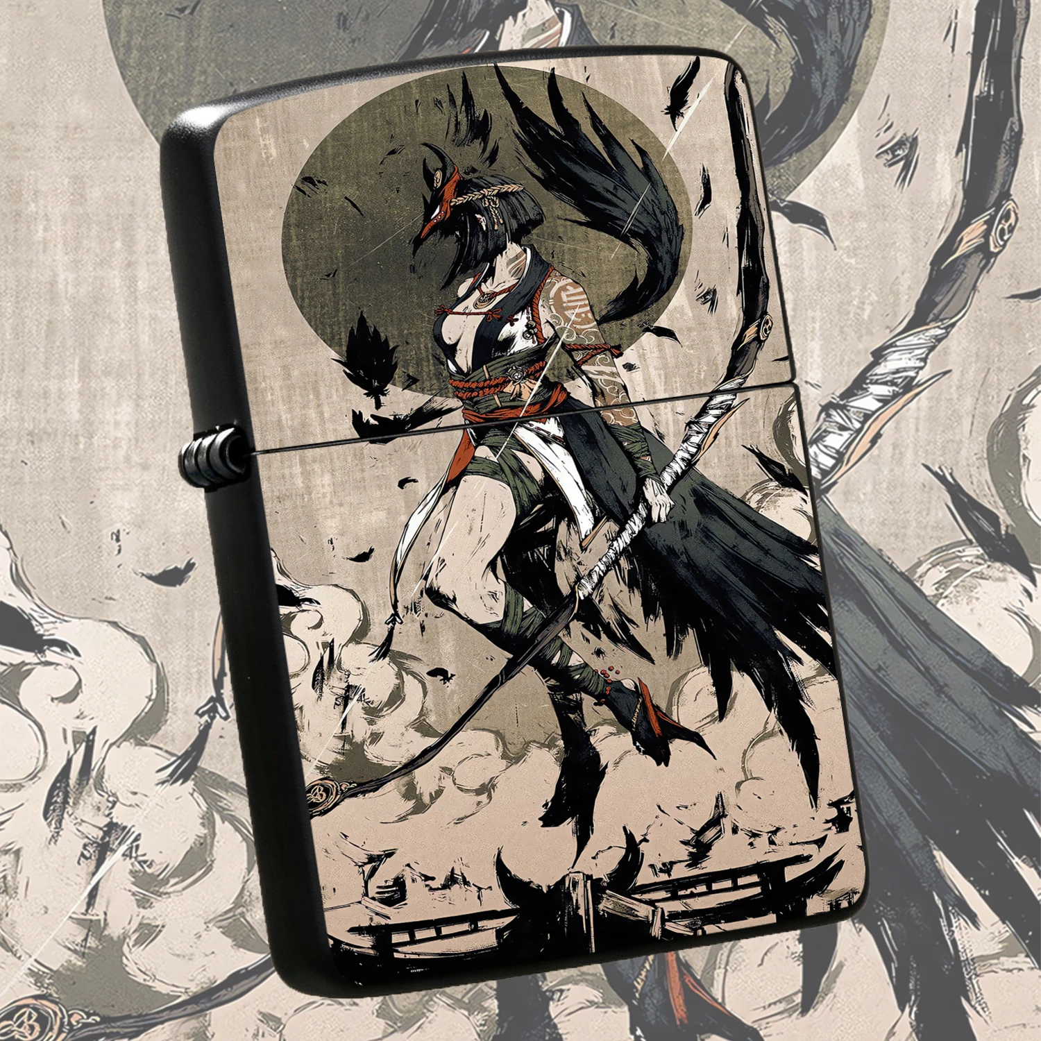 Retro Ukiyo-e Style CROW Tengu Samurai Lighter Vintage Ink Wash Female Pattern Sturdy Body Windproof PORTABLE Collectible Creative Artistic Smokers Accessory Ideal Gift for Japanese Style Anime Fans Daily Use A Fun and Humorous Lighter