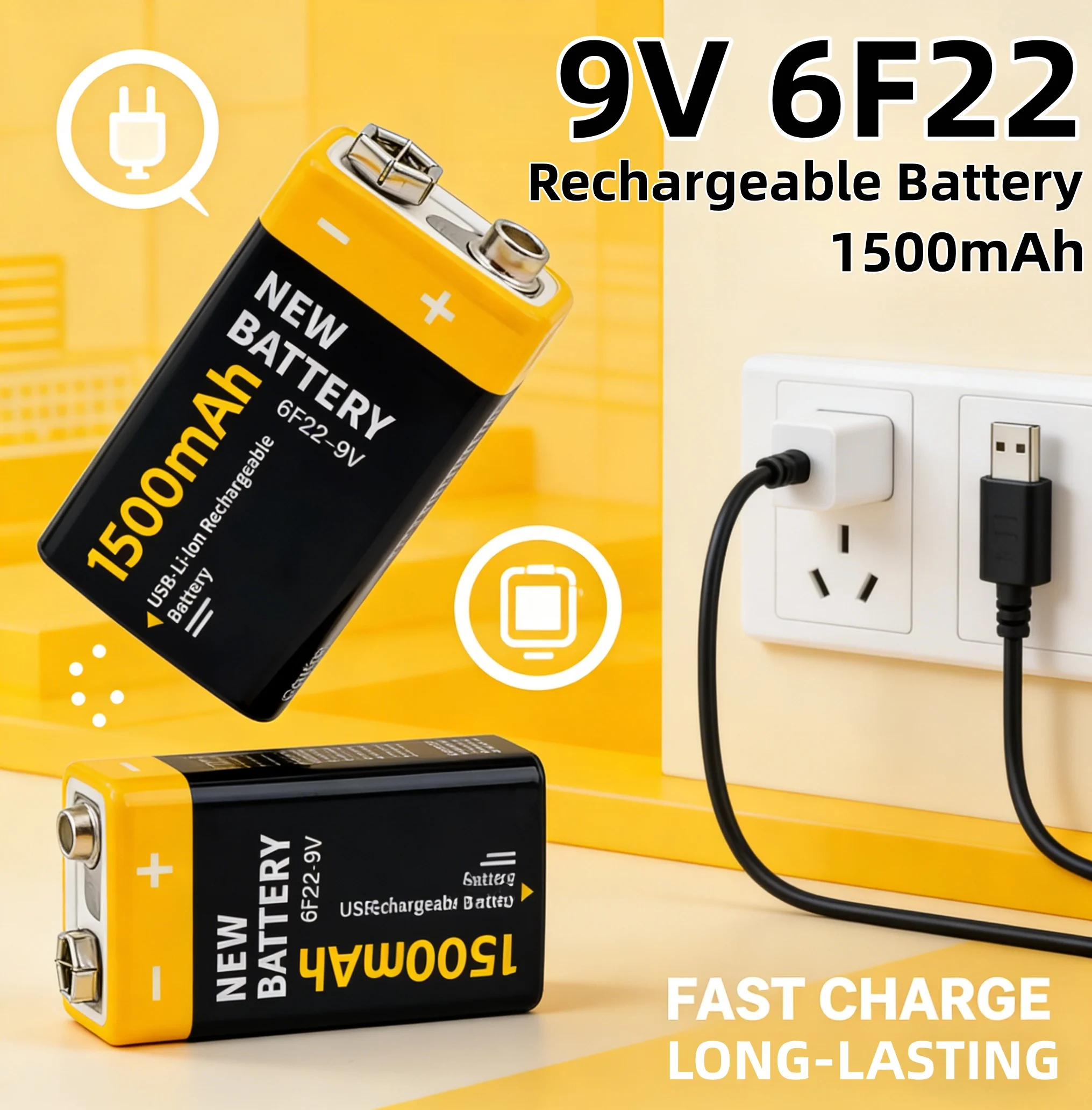 

USB-9V 1100mAh Rechargeable Li-ion Battery, Type-C Charging, 6F22 Compatible, for RC Helicopters, Mics, Toys (1-8PCS)