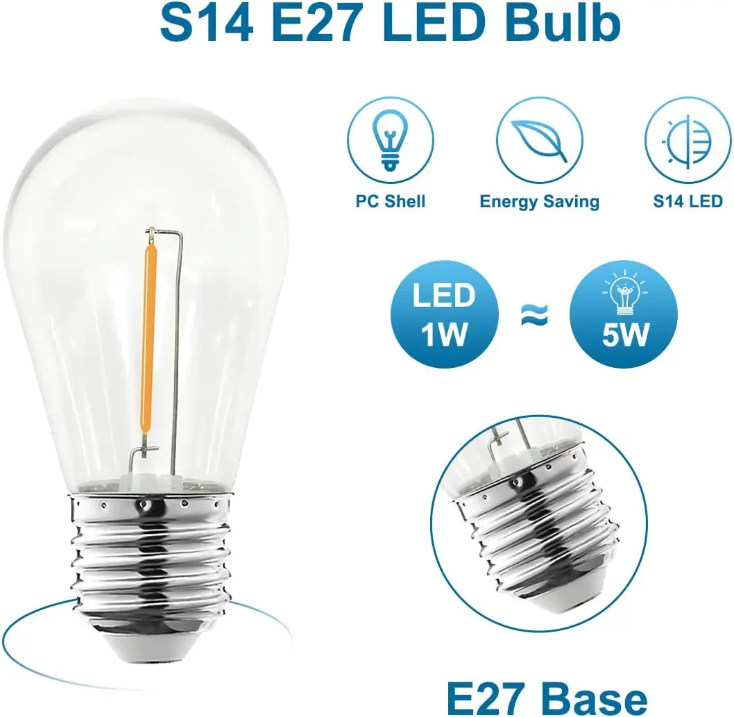 Bombilla de filamento S14 para cadena de luces solares, bombillas Led blancas cálidas impermeables, E27, E26, 5V, 1W, cubierta de PC, 10 paquetes