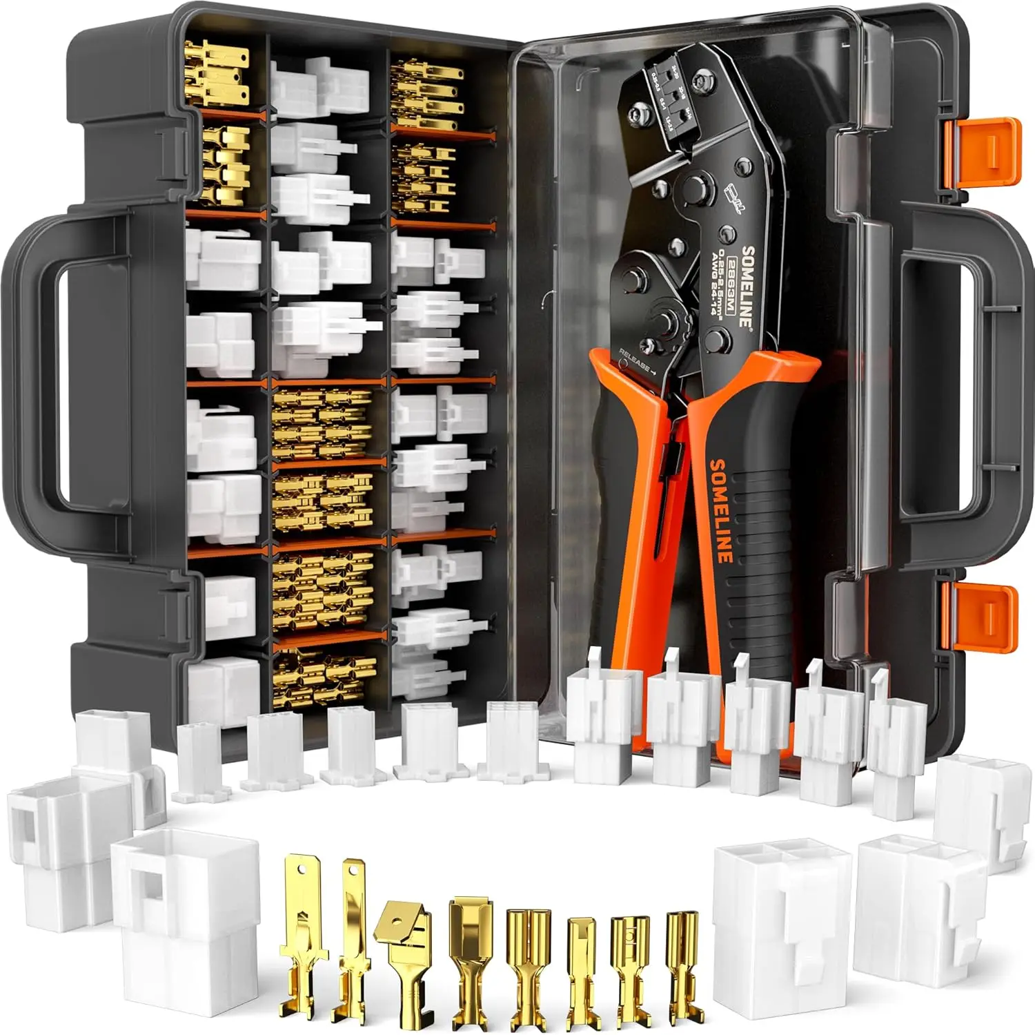 

Automotive Wire Connectors Crimp Tool Kit Crimper for 24-14 AWG Non-Insulated Quick Disconnect Terminals with 2-9 Pin 2.8mm/6.3m