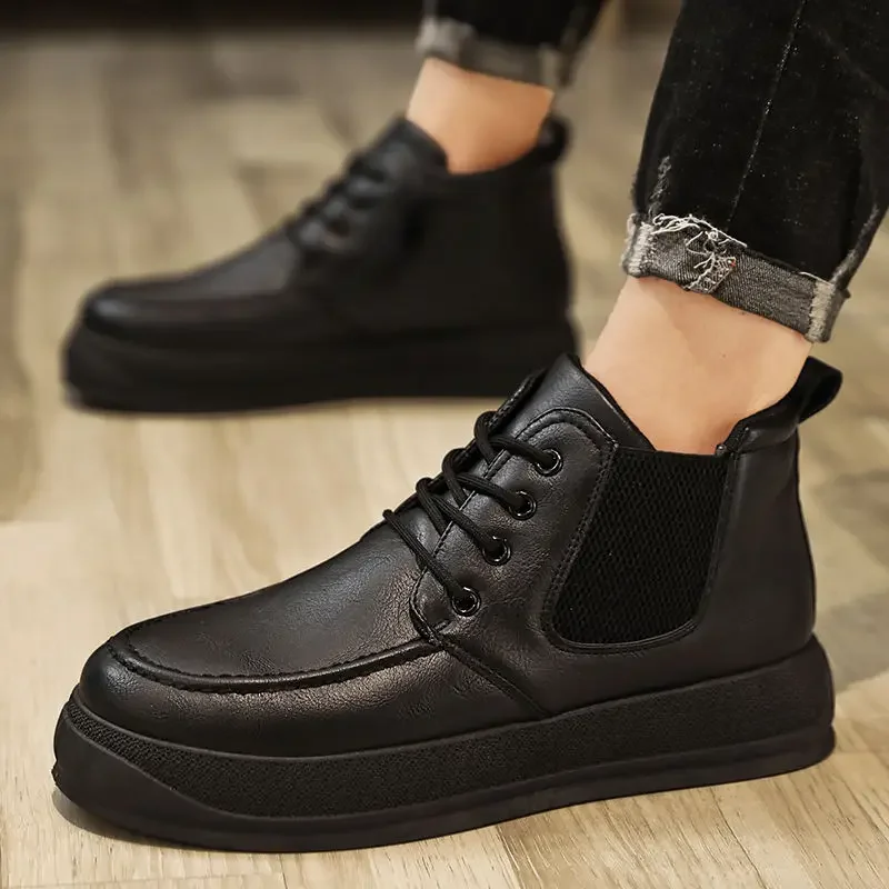 Non Slip and Waterproof Platform Men's Leather Shoes Thick Sole Lace Up Adults Footwear Offer Male Casual Boots On Sale Elegant