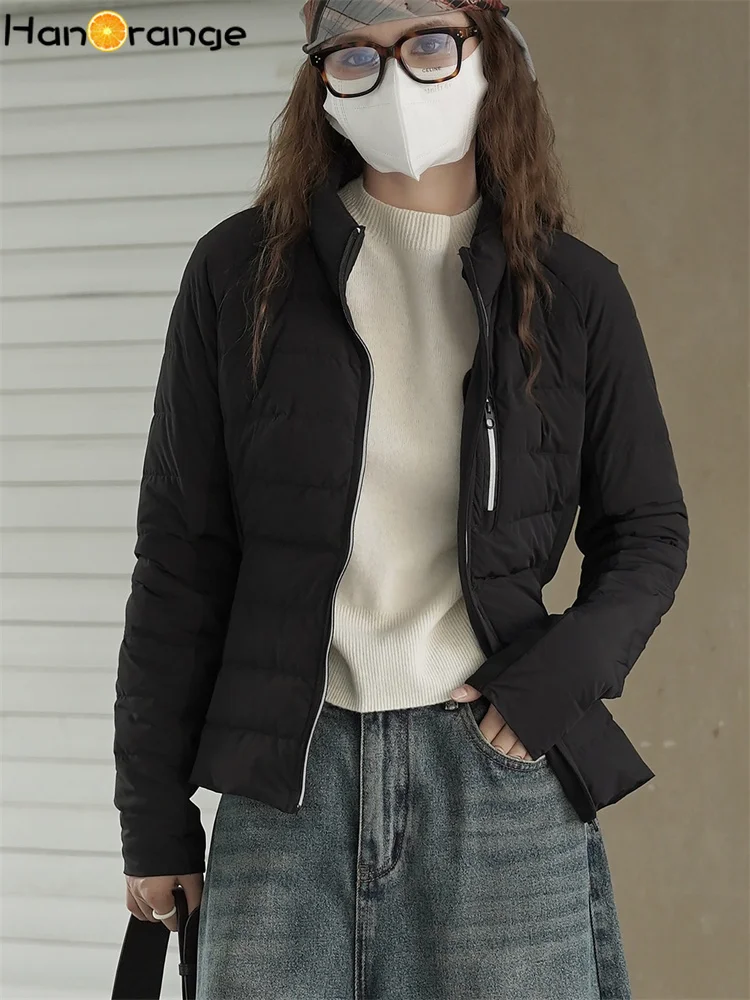 

HanOrange 2025, зимняя мода, простые 90, бархатные короткие пуховые парки, женское пушистое теплое пальто, черный/бежевый