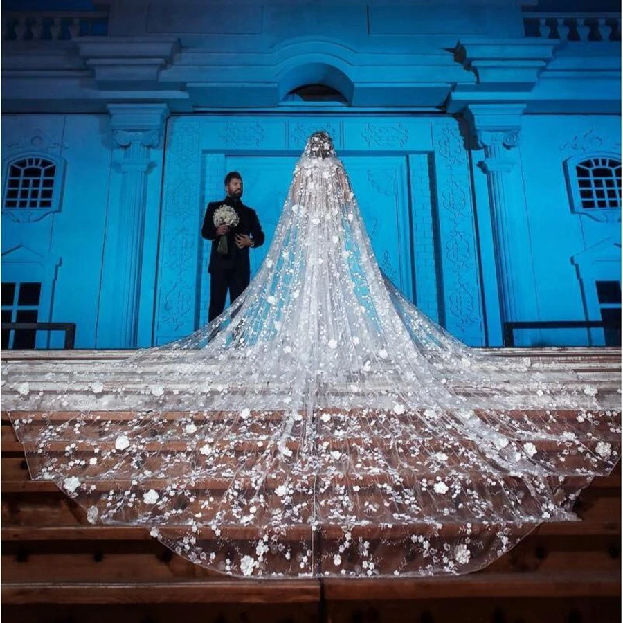 New Arrival 5M Long Cathedral Wedding Veils With 3D Lace Appliques Soft Tulle One Layer Bridal Veil Wedding accessories