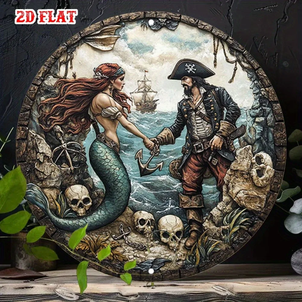 2D Flat 1pc Mermaids Rundes Aluminiumschild, Ship'S Anchor Metallblechschild - Pirat Rustikale Metallwandkunst, Skelett Metallwandkunst