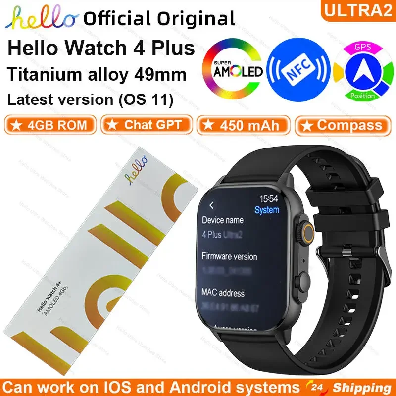 2025New Hello Watch 4 Plus ULTRA2 Smartwatch 49mm AMOLED 4G ROM NFC Compass Clock Bluetooth Call Sport Smart Watch Men UP 3 Plus