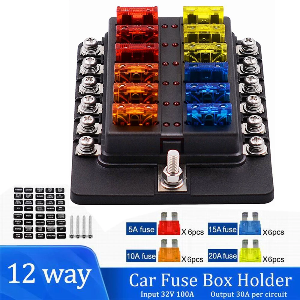 Universal 12Ways Car Blade Holder Fuse Box With LED Indicator Light 12V 32V Screw Binding Post Fuse For Car Boat Marine