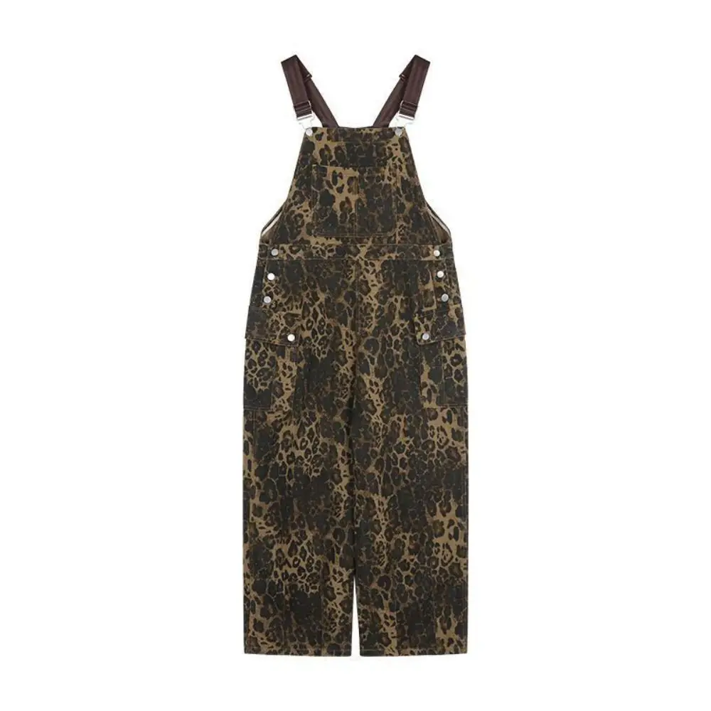 Soft Baggy Leopard Print Overalls Wide Leg Straight Leg Rompers Women Y2k High Waist Retro Leopard Print Pants Lady