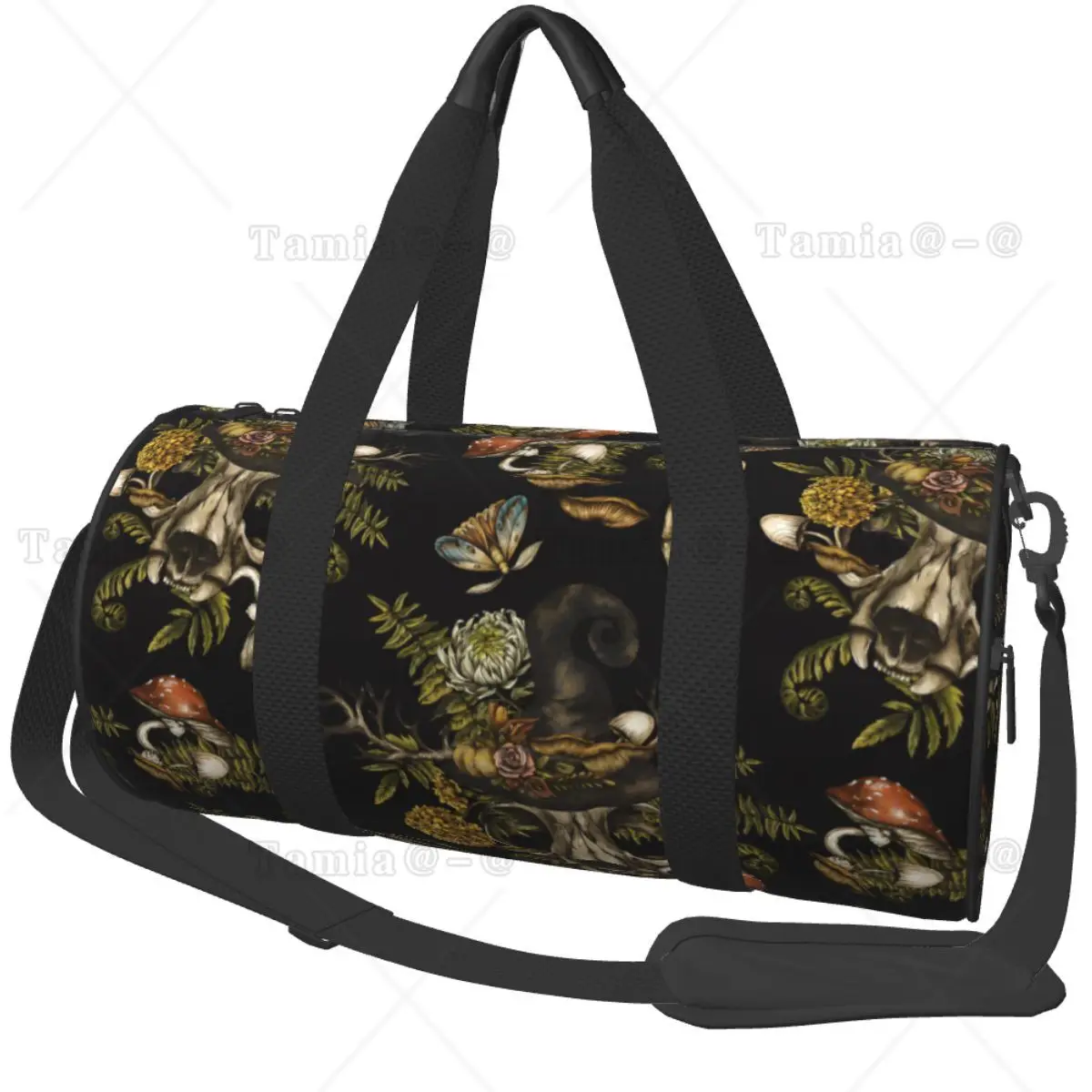 Gothic Forest Skull Mushroom Witch Hat Pattern Cylinder Gym Bag Adjustable Strap Travel Carry On Duffle Bag