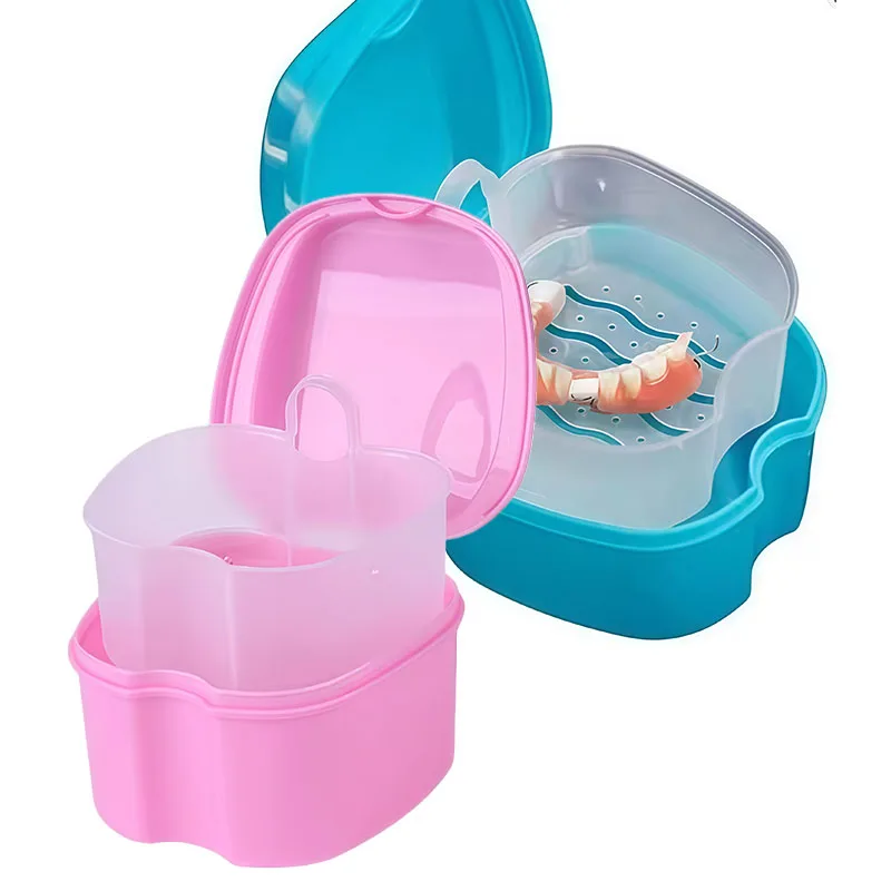 Denture Box Case Cleaning False Teeth Storage Box With Hanging Net Container Artificial Tooth Case Orthodontic Retainer Case