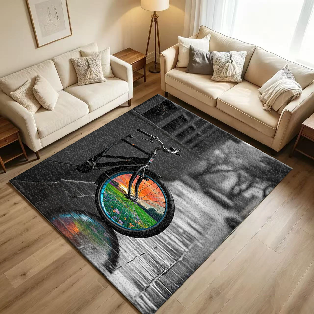 Creative Bicycle Wheel Sunset Flower Field Art Carpet Flooring Modern Decor Floor Rug