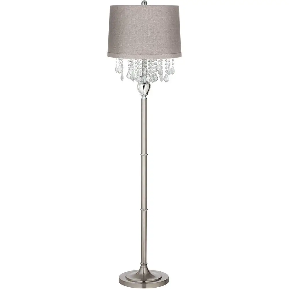 

Luxury 60.5 Tall Crystal Floor Lamp with Gray Drum Shade, Silver Metal Finish for Living Room, Bedroom, and Home Decor