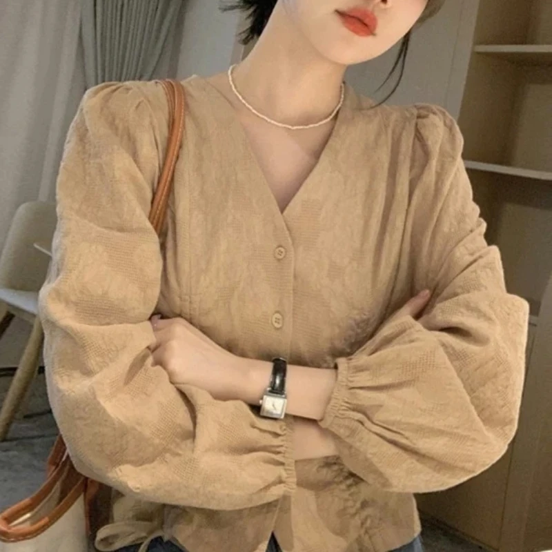 Women French V Neck Puff Sleeve Shirt Elegant Drawstring Hem Short Chic Blouse Casual Top