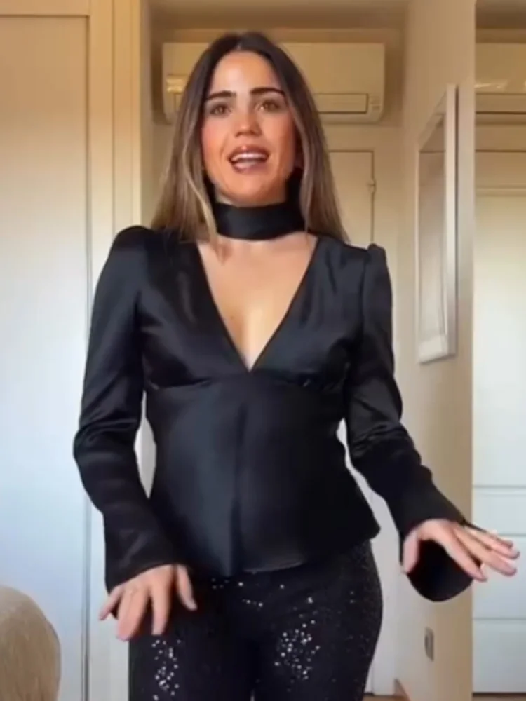 

HH Woman Sexy Deep V Neck Long Sleeves Ribbon Pleated Decoration Tops Female Spring Versatile Fashion Street Style Slim Shirt