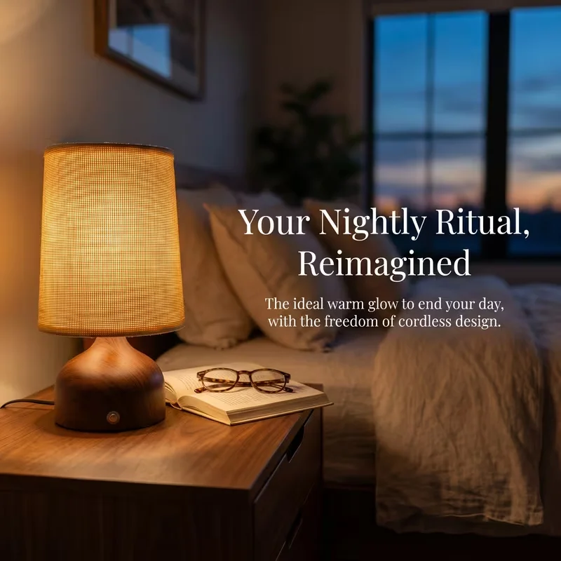 Wireless Rechargeable Wooden Table Lamp Dimmable Nightstand Light with Linen Shade 12 Hours Battery Life 3 Color Temperatures Stepless Dimming Portable Accent Lighting Unplugged Desk Light for Bedroom Living Room Office