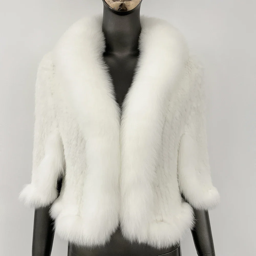OFTBUY Real Mink Fur Coat Women Shawl Fashion Knitted Genuine Mink Fur Jacket Cape Scarf Natural Fox Fur Collar Cloak Winter