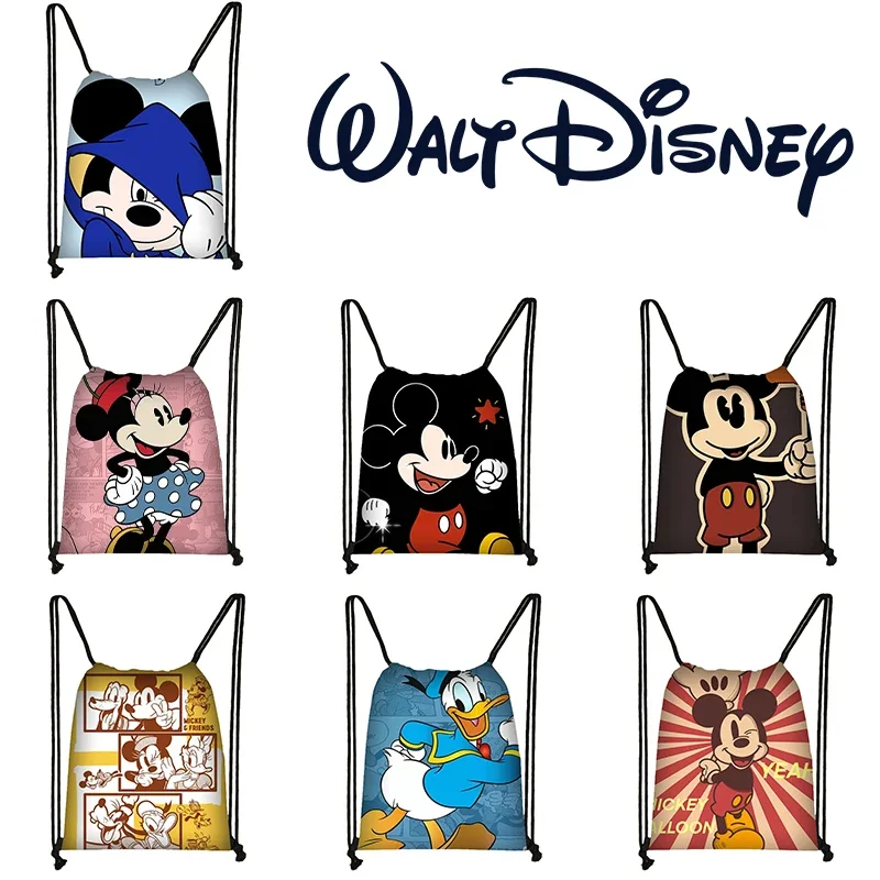 Disney Mickey Mouse Drawstring Backpack Minnie Cartoon Children Portable Grocery Storage Bag Boys Girls Anime Kids Outdoor Bag