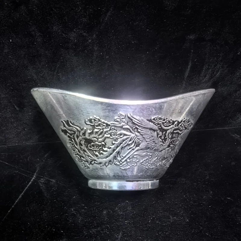 Antique Crafts Miscellaneous White Copper Silver Plated Crafts Dragon Phoenix Yuanbao Quan Copper Vintage Ornaments