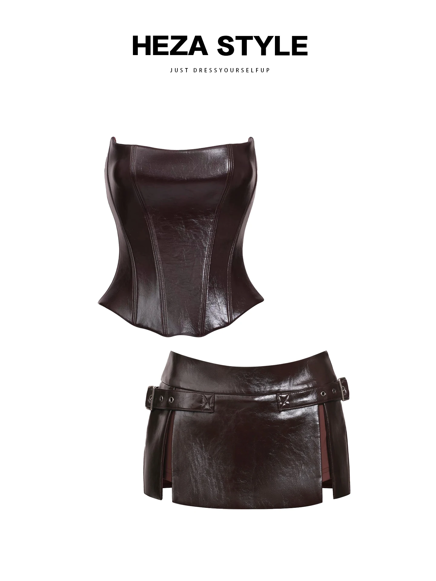 

Heza American Sle Spicy Girl Топ из искусственной кожи с волокном, женская осенне-зимняя облегающая юбка, женский комплект