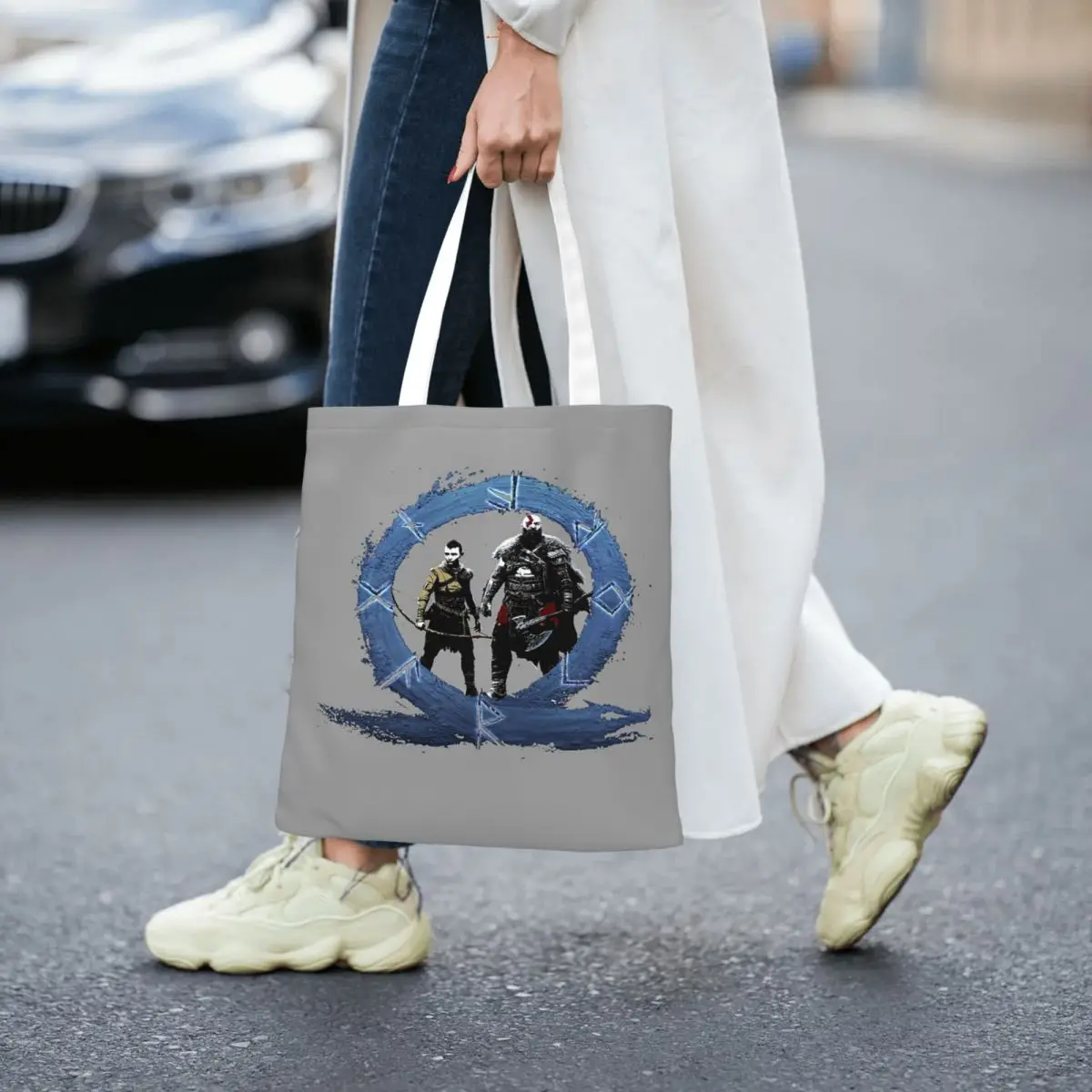 Men God Of War Kratos Game Shopping Bags Foldable Canvas The Tote Bag Ladies Shoulder Tote Travel Handbag