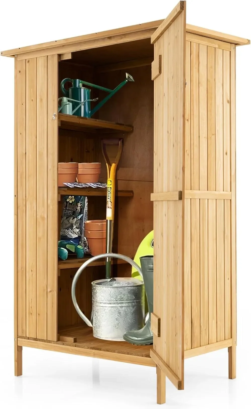 Outdoor Storage Cabinet, 5 × 3 FT Wooden Garden Shed with Asphalt Roof, 3 Shelves, Lockable Door, 5 Hanging Hooks, Patio, Deck