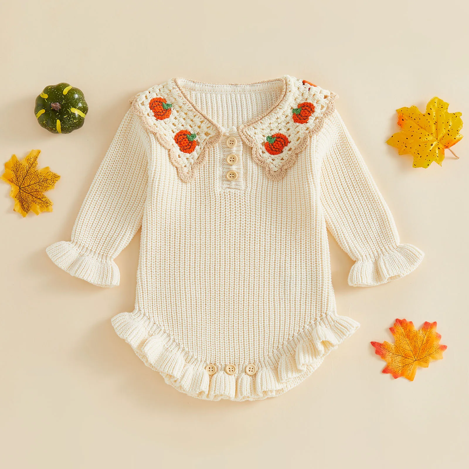 Fall Winter Baby Girl Thanksgiving Day Knit Romper Long Sleeve Ruffles Pumpkin Embroidery Sweaters Jumpsuits Knitwear