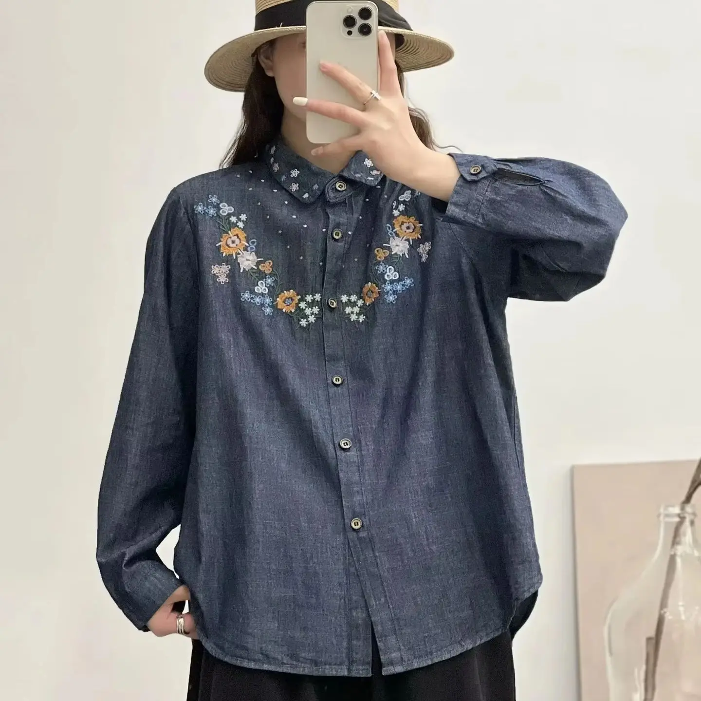 Harajuku fashion denim shirts and blouses for women fall Japan style flowers embroider jean shirts chubby woman vintage clothing