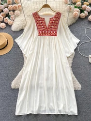 Women Vintage Bohemian Dress Spring Summer Embroidered Loose Oversized Beach Long Dresses Ladies Casual Long Robe Vestidos