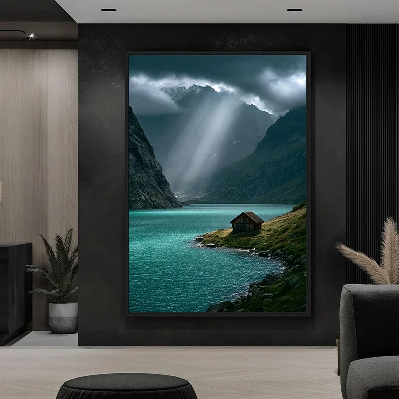 Mountain Lake Cabin Sky Rays Nature Landscape Poster and Prints Canvas Painting Wall Art Pictures Home Decor Cuadros