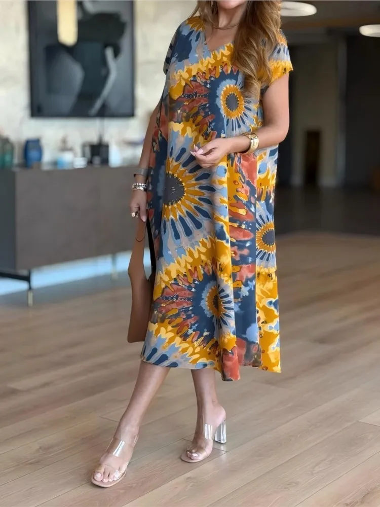 

Fashion Print Dress For Female Casual V Neck Short Sleeve Pullover Loose Dresses Women Boho Holiday Skirt Womens Clothing Summer