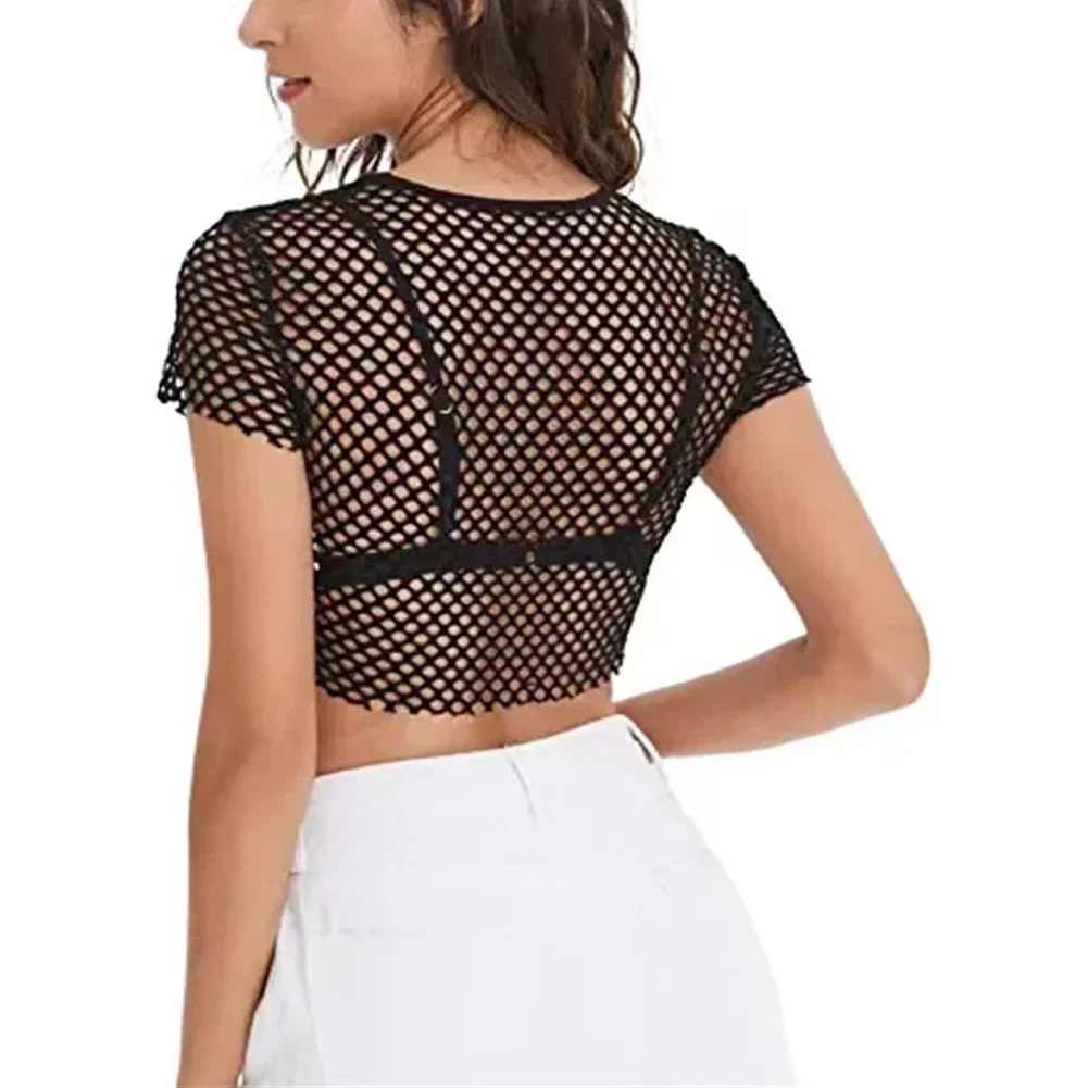 Fashionable Women\'s Sheer Mesh Fish Net Short Sleeve Crop Top T Shirt Blouse in White Black Fluorescent Yellow