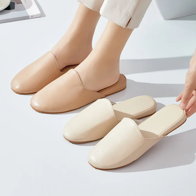 High Quality PU Leather Indoor Slippers For Women Men Office Mules Leisure House Shoes Anti-slip Solid Color Couples Home Slides image 2