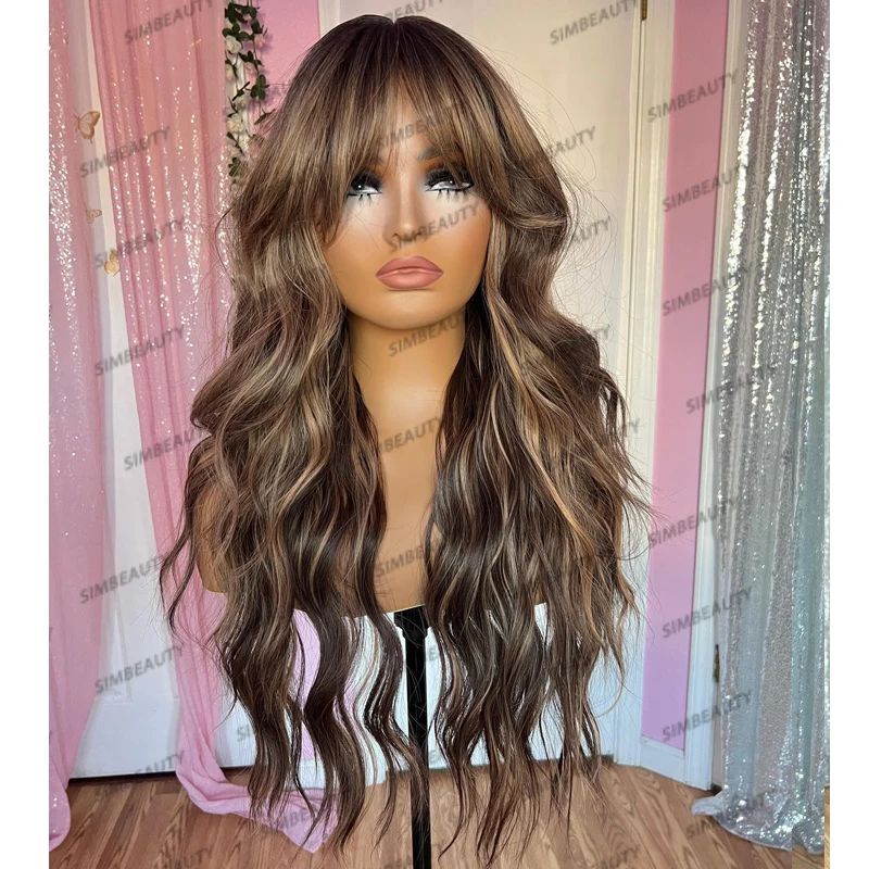 HIghlight Bayalage Blonde Human Hair 180Density Full Lace Wigs Natural Hairline With Bangs Pre Plucked Fringe Long Wavy 360 Wigs