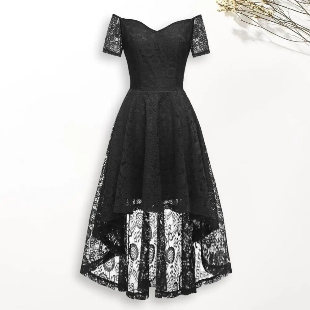 

Party Lace Dress Elegant High Low Hem Lace Evening Dress for Women Off Shoulder V Neck Short Sleeve Wedding Cocktail Formal Gown