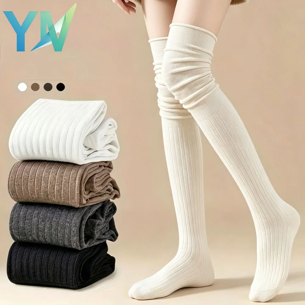1-10Pairs Womens Thigh High Socks Thin Plain Color Stacked Knit Long Stockings for Daily Casual Streetwear Fashion