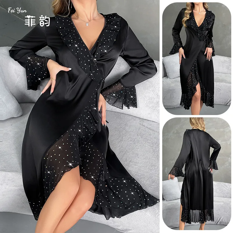

Women's Sleepwear Summer New Fashion Sequined Women Satin Nightgown Home Wear Seksi Gecelikler Kadın Pijamas Femininos De Dormir