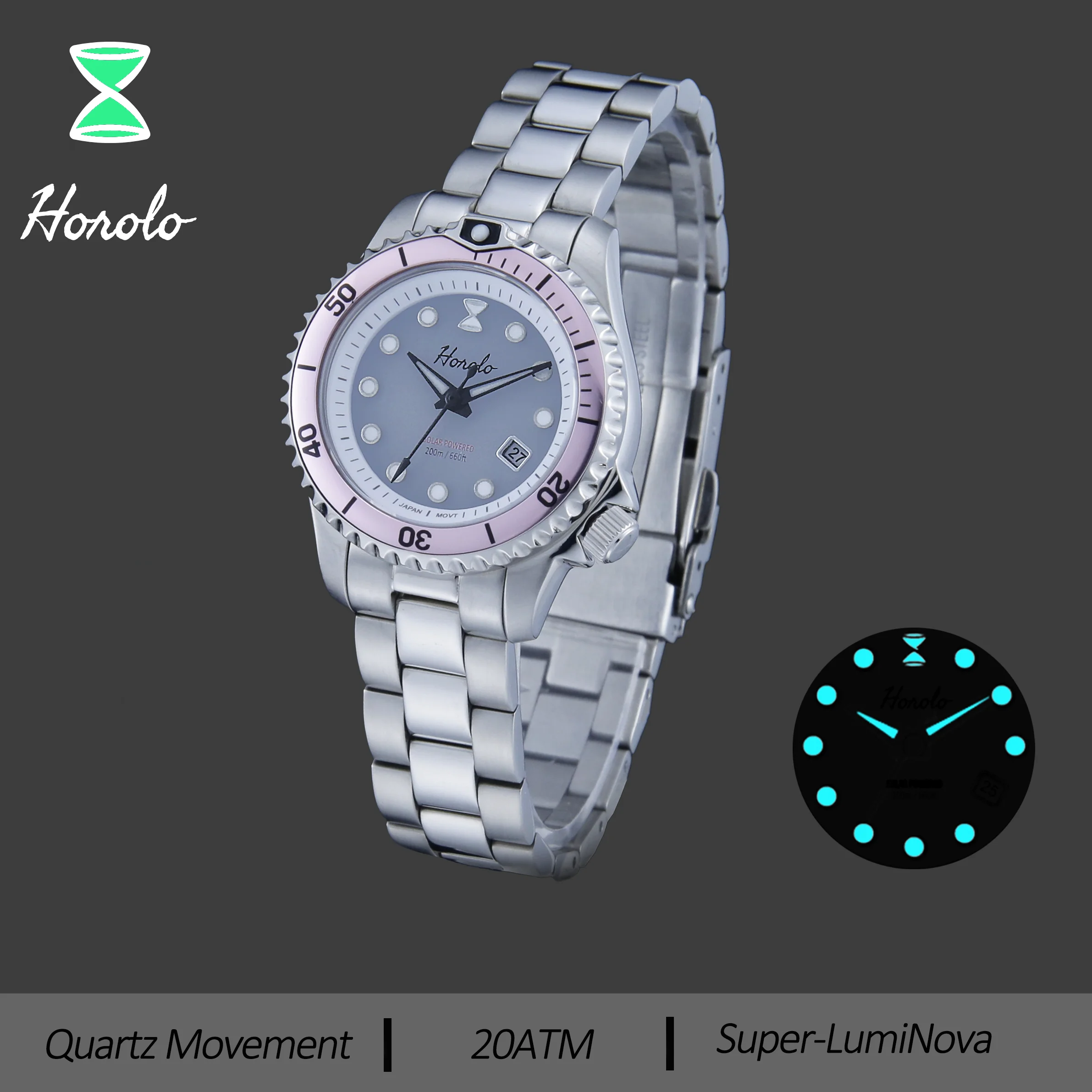 Horolo S1955X Japão Movimento Solar de Quartzo Epson VS22 Aço Inoxidável Super-LumiNova BGW9 Resistente à Água 20ATM Relógios Femininos