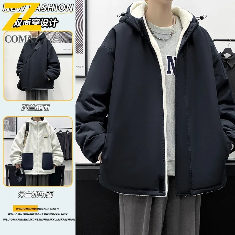 COMXZ 2025 Mens Winter Reversible Sherpa Lined Thick Hooded Cotton Jacket Fashion Casual Warm Outwear Streetwear windbreaker