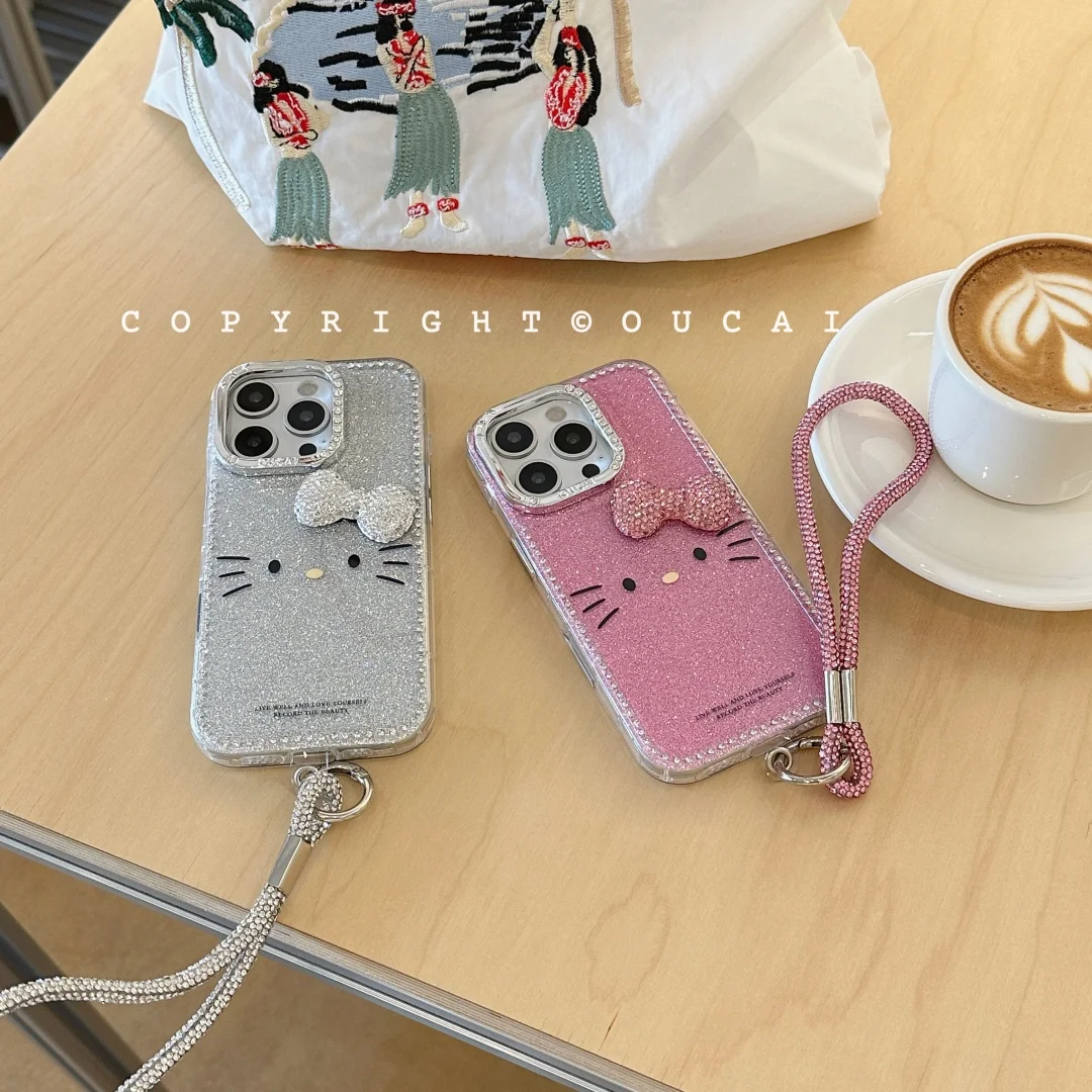 

Lovely Hello Kitty Cat Luxury Diamond Bowknot Strap Chain Cute Phone Case For iPhone 16 15 14 13 Pro Max Y2K Girl Cover
