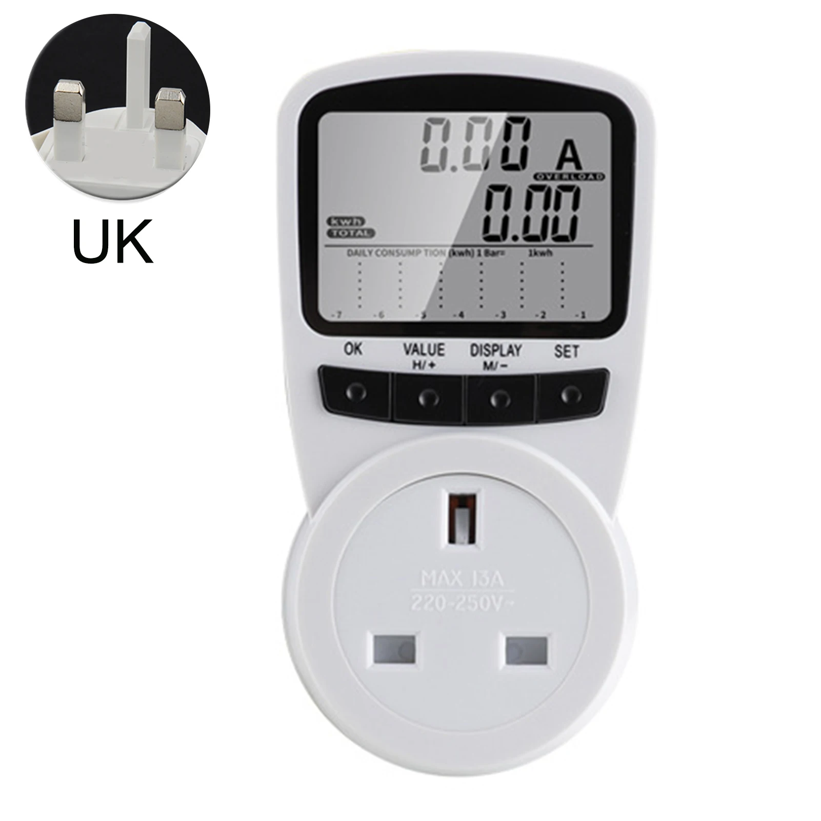 Voltage Amps Practical White Watt Meter Electricity Usage Monitor Universal Professional LCD Display UK Plug Overload Protection