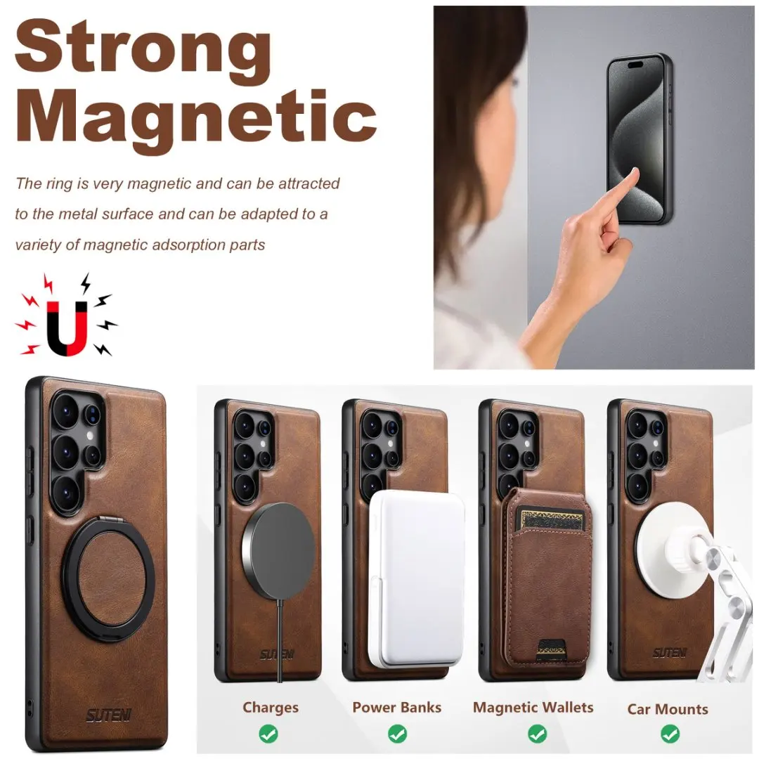 Magnetic Wireless Charging 360° Rotating Ring Stand PU Leather Phone Case For Samsung Galaxy S22 S23 S24 S25 S26Ultra Cover