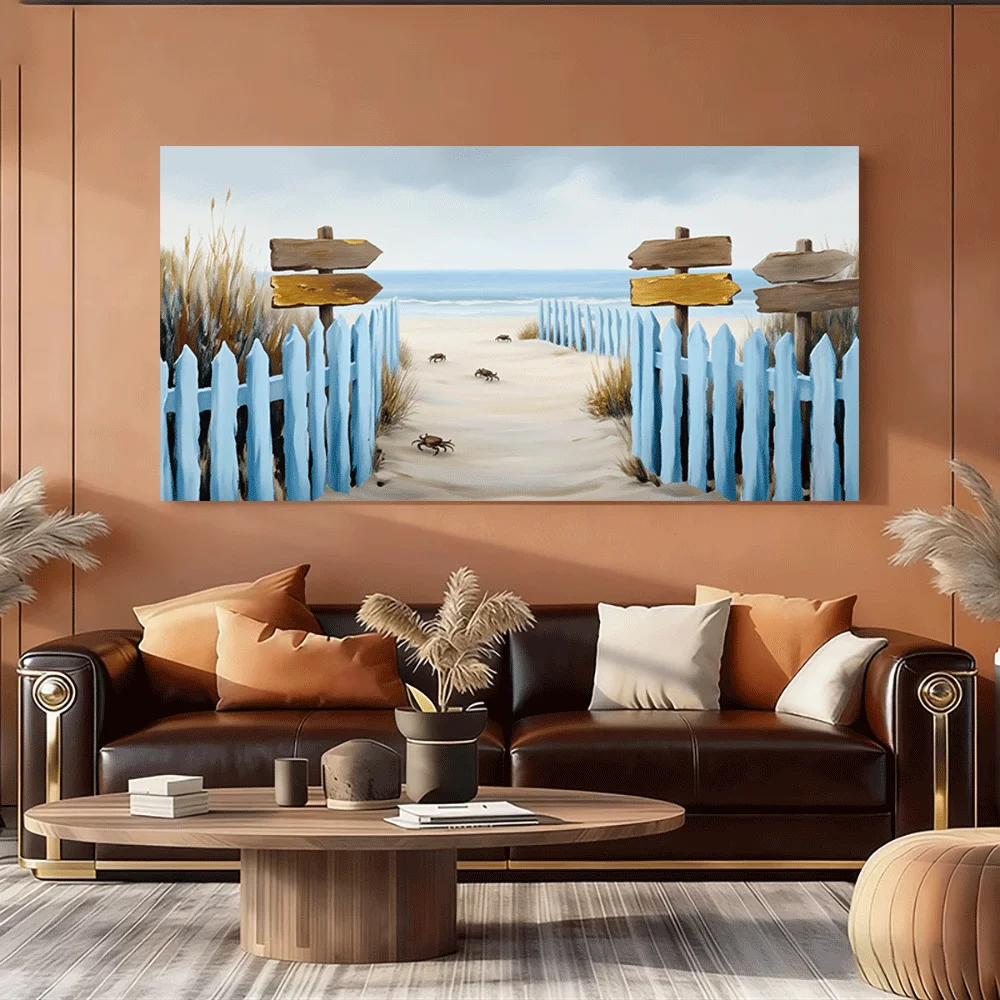 1pc frameless Canvas Painting 1PC-Canvas poster Unframed  Beach Pathway Wooden Signs Blue Fence Crabs Ocean View Coastal Scene S