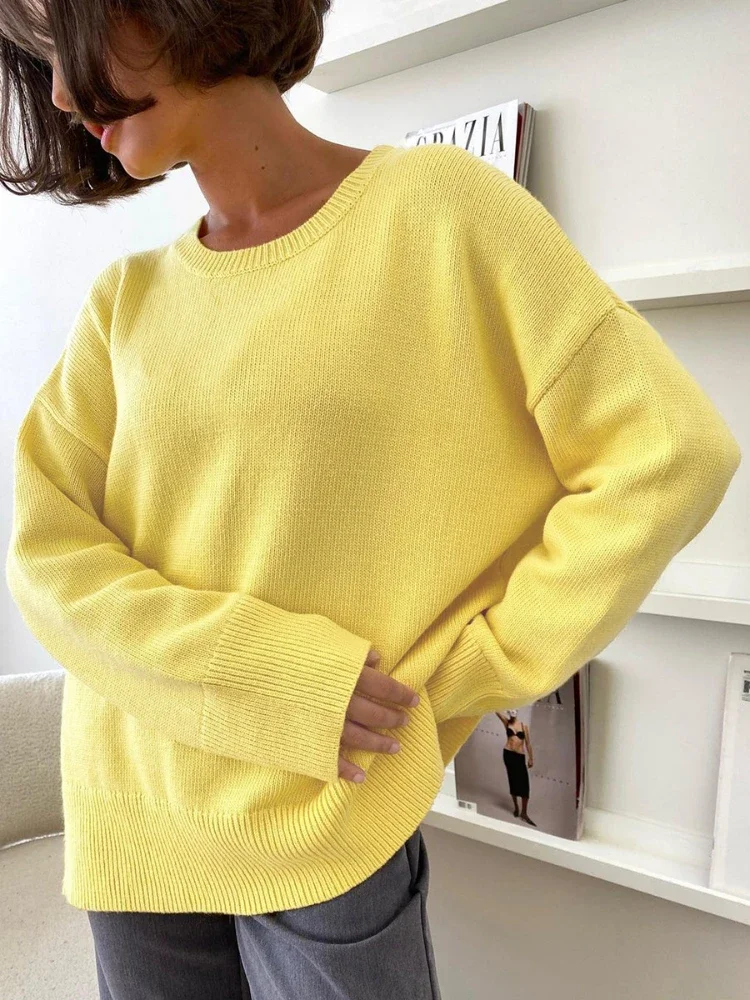 Autumn Winter Women\'s Sweater O Neck Solid Color Knitted Pullovers Split New Oversized Casual Loose Fashion Women Sweaters 2024