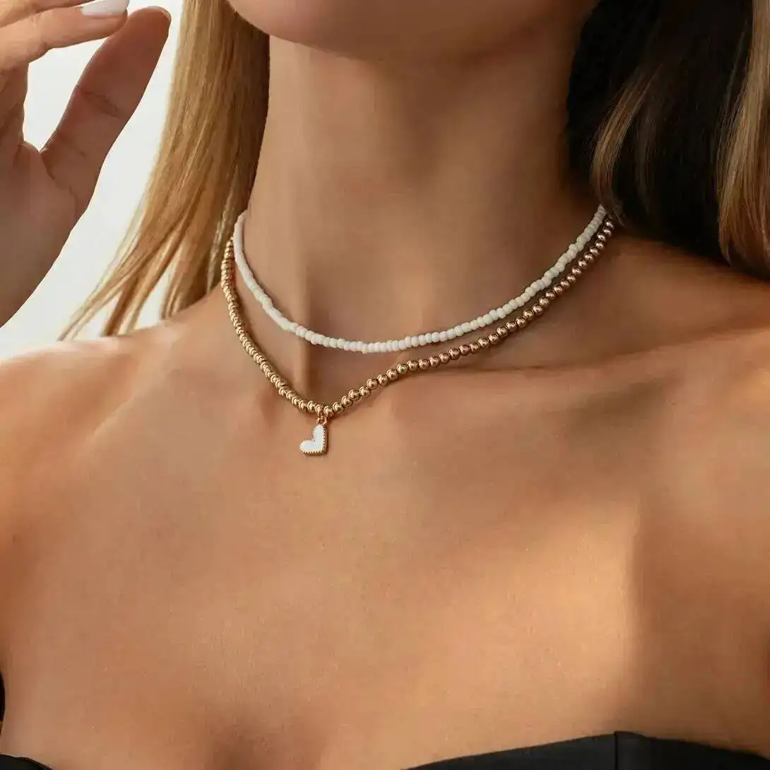 2개 세트 트렌디 Y2K 하트 펜던트 초커 목걸이 여성 보헤미안 CCB 비즈 쇄골 체인 정교한 파티 주얼리