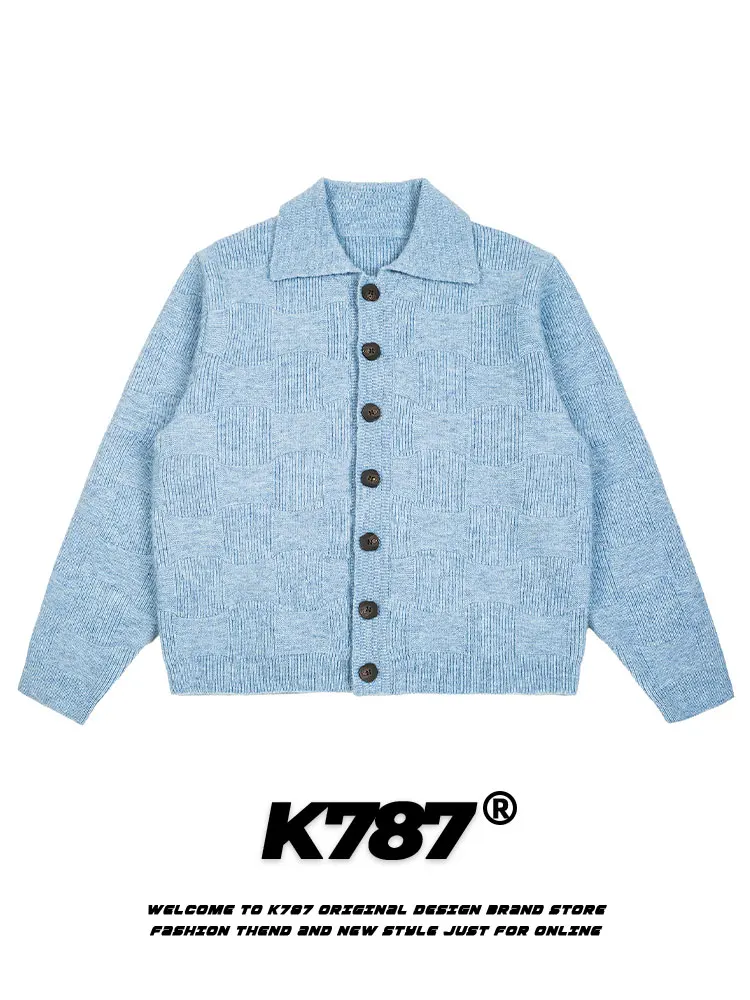 

K787 American Retro Plaid Design Open Cardigan Sweater ex Cleanfit Color Casual Knitted Outerwear Autumn Leisure