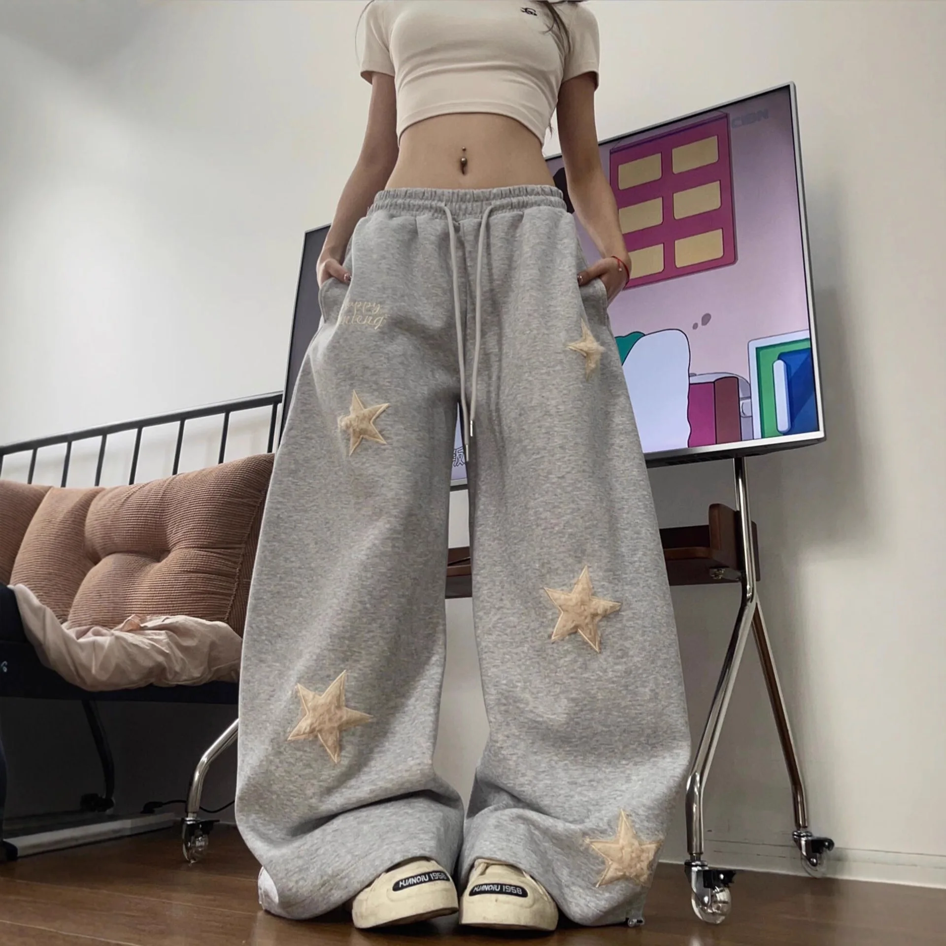 

Design Patch Embroidery Sports Casual Pants Women's Spring and Autumn New Loose Wide Legs